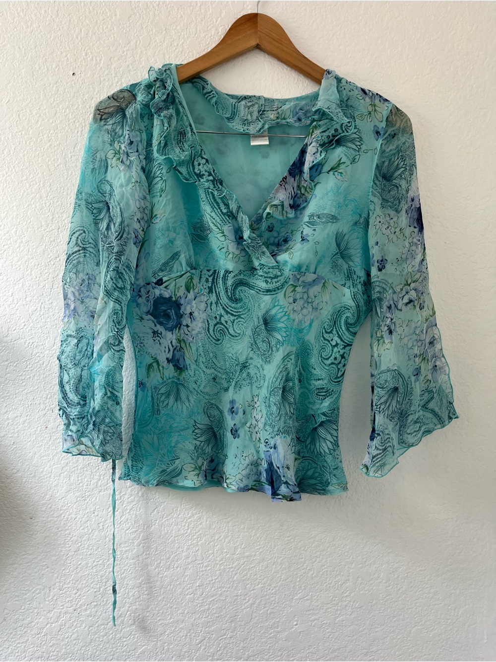Worthington Aqua Floral Wrap Blouse